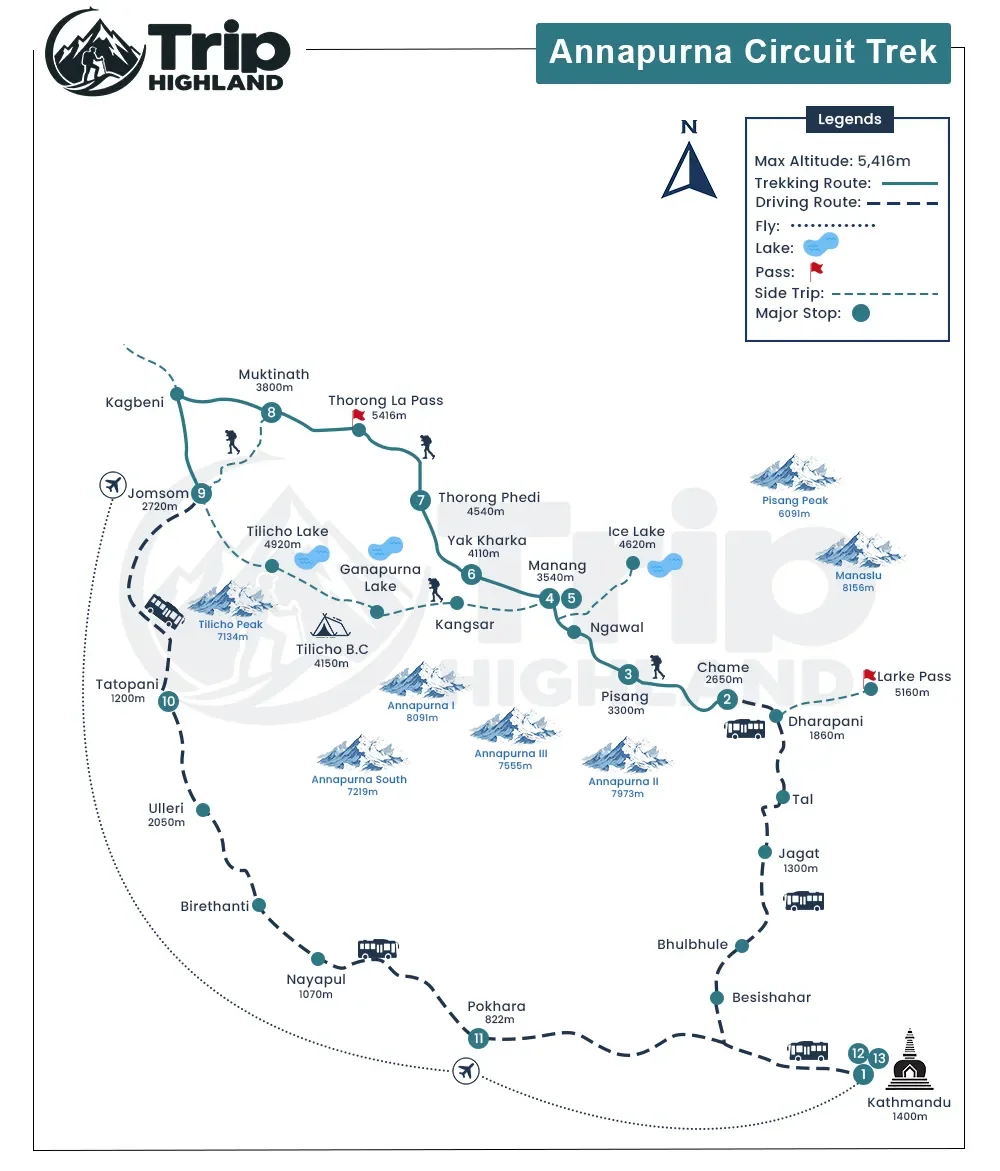 Annapurna Circuit Trek 14 Days route map