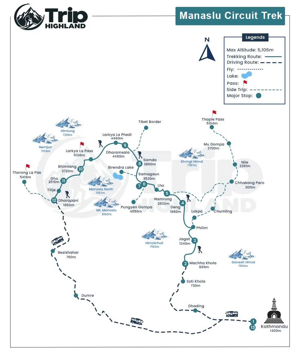 Manaslu Circuit Trek 14 Days: Itinerary, Cost, Permit, Map & Guide route map