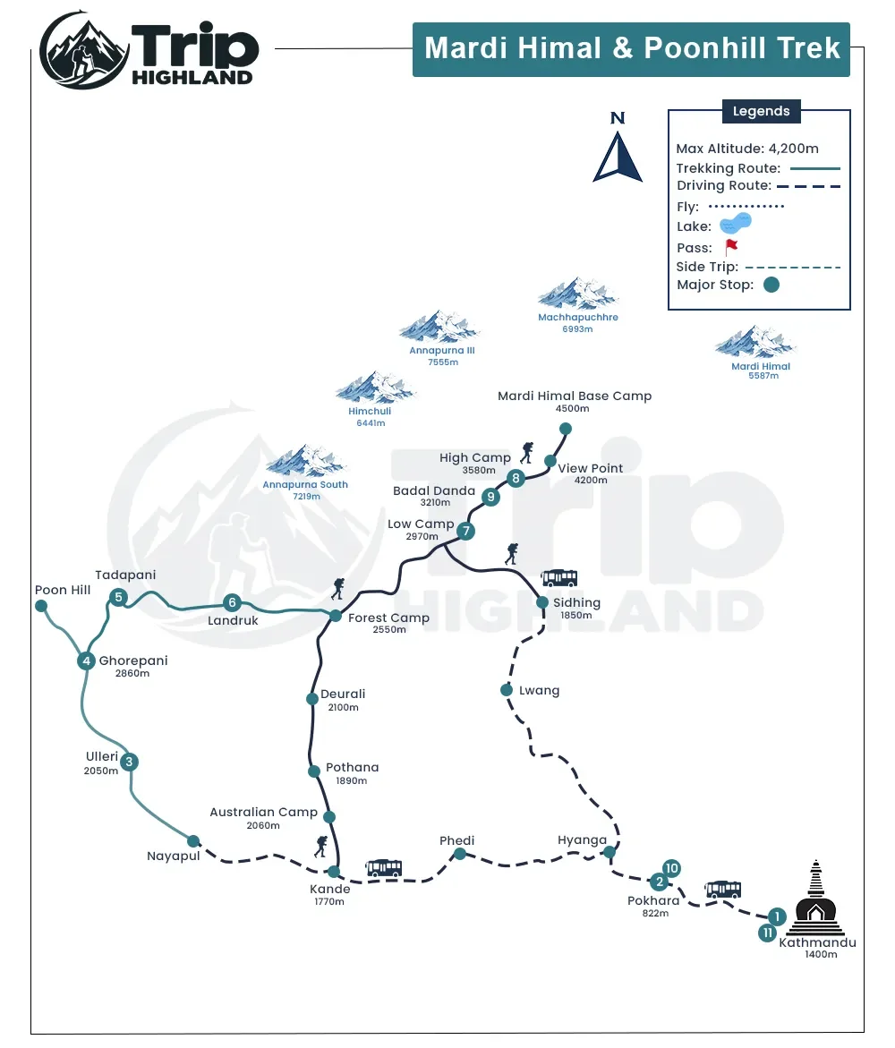 Mardi Himal & Poon Hill Combined Trek 12 Days: Itinerary, Cost, Map & Guide route map