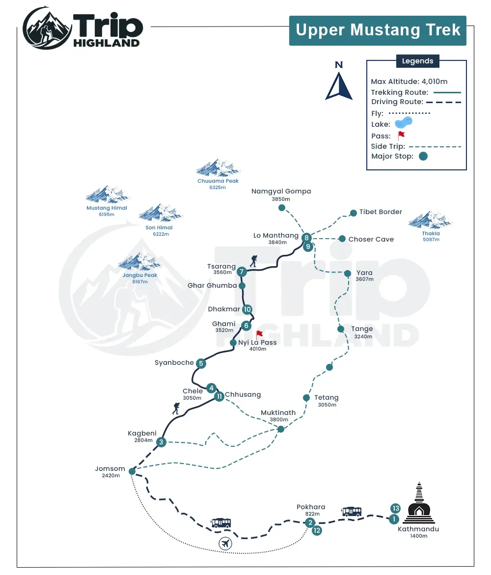 Upper Mustang Trek 14 Days: Itinerary, Cost, Permit, Map & Guide route map